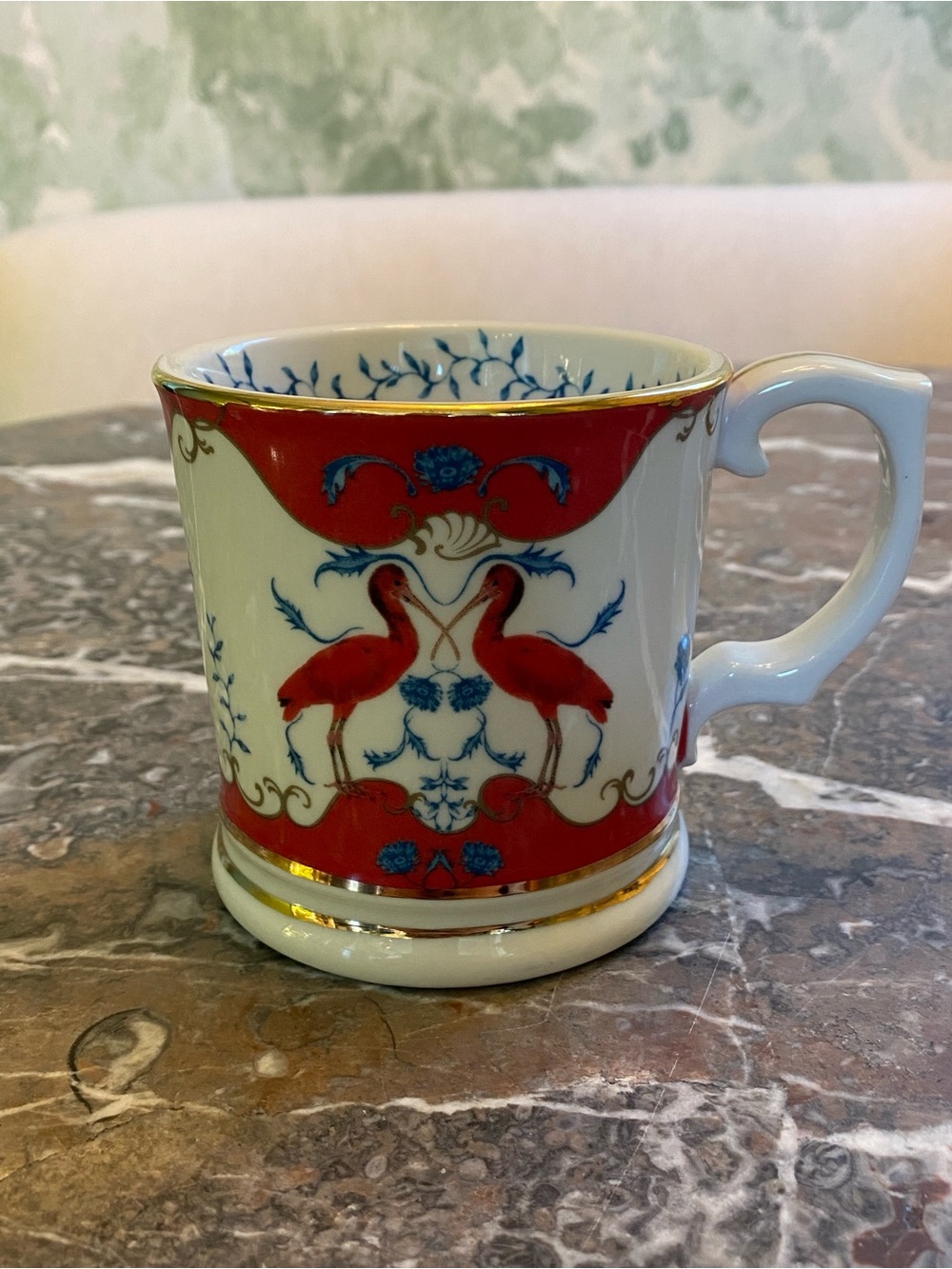 Anthropologie Decorative Red Flamingo Porcelain Mug with Gold Trim